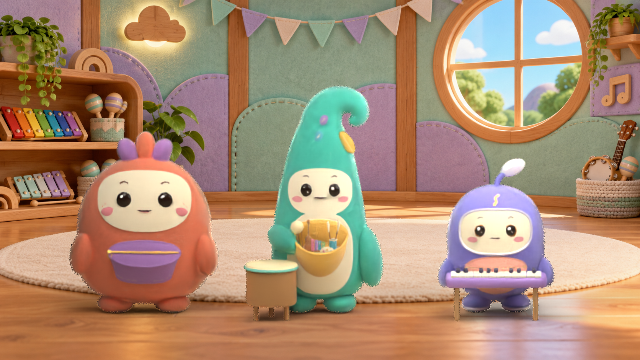 The three friends playing instruments in their cozy music workshop